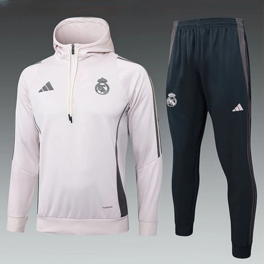 Real Madrid Hooded Half-Pull Trainingspak 'Beige-Zwart' 25/26 - VOLWASSENEN