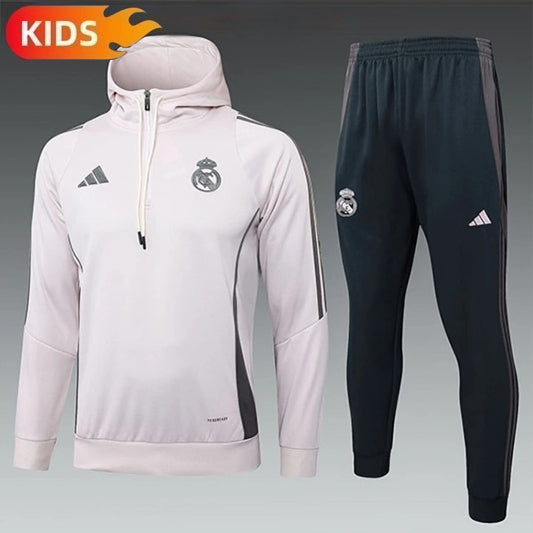 Real Madrid Hooded Half-Pull Trainingspak 'Beige-Zwart' 25/26 - KINDEREN