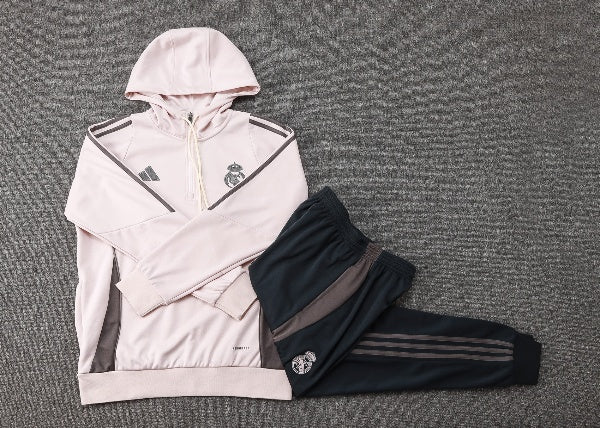 Real Madrid Hooded Half-Pull Trainingspak 'Beige-Zwart' 25/26 - VOLWASSENEN